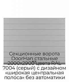 Секционные ворота DoorHan стальные 2000х2900 цвета RAL 7004 (серый) с дизайном «широкая центральная полоса» без автоматики