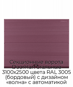 Секционные ворота DoorHan стальные 3100х2500 цвета RAL 3005 (бордовый) с дизайном «волна» с автоматикой preview 1