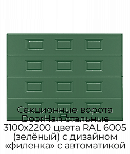 Секционные ворота DoorHan стальные 3100х2200 цвета RAL 6005 (зелёный) с дизайном «филенка» с автоматикой preview 1