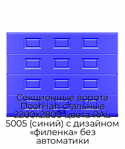 Секционные ворота DoorHan стальные 2200х2800 цвета RAL 5005 (синий) с дизайном «филенка» без автоматики preview 1