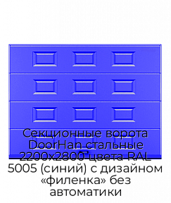 Секционные ворота DoorHan стальные 2200х2800 цвета RAL 5005 (синий) с дизайном «филенка» без автоматики