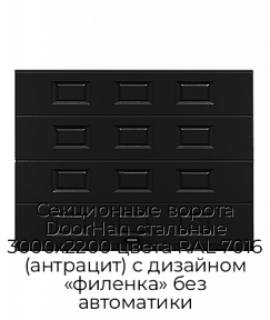 Секционные ворота DoorHan стальные 3000х2200 цвета RAL 7016 (антрацит) с дизайном «филенка» без автоматики