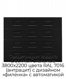 Секционные ворота DoorHan стальные 3800х2200 цвета RAL 7016 (антрацит) с дизайном «филенка» с автоматикой preview 1