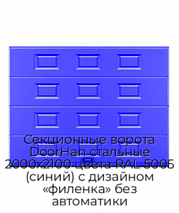 Секционные ворота DoorHan стальные 2000х2100 цвета RAL 5005 (синий) с дизайном «филенка» без автоматики preview 1