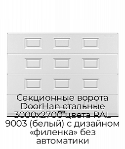 Секционные ворота DoorHan стальные 3000х2700 цвета RAL 9003 (белый) с дизайном «филенка» без автоматики preview 1