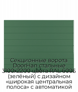 Секционные ворота DoorHan стальные 3100х2200 цвета RAL 6005 (зелёный) с дизайном «широкая центральная полоса» с автоматикой preview 1