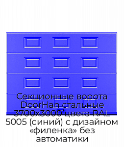 Секционные ворота DoorHan стальные 3700х3000 цвета RAL 5005 (синий) с дизайном «филенка» без автоматики preview 1