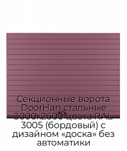 Секционные ворота DoorHan стальные 3000х2600 цвета RAL 3005 (бордовый) с дизайном «доска» без автоматики preview 1