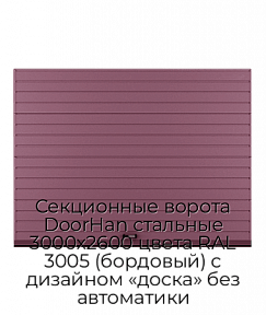 Секционные ворота DoorHan стальные 3000х2600 цвета RAL 3005 (бордовый) с дизайном «доска» без автоматики
