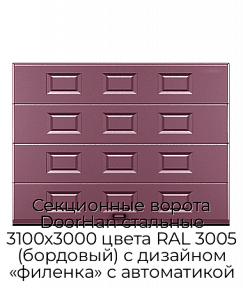 Секционные ворота DoorHan стальные 3100х3000 цвета RAL 3005 (бордовый) с дизайном «филенка» с автоматикой