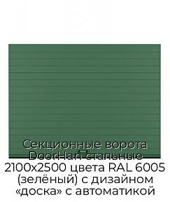 Секционные ворота DoorHan стальные 2100х2500 цвета RAL 6005 (зелёный) с дизайном «доска» с автоматикой
