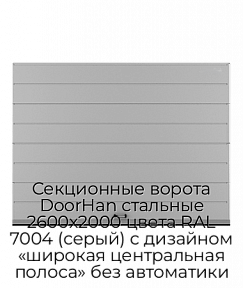 Секционные ворота DoorHan стальные 2600х2000 цвета RAL 7004 (серый) с дизайном «широкая центральная полоса» без автоматики