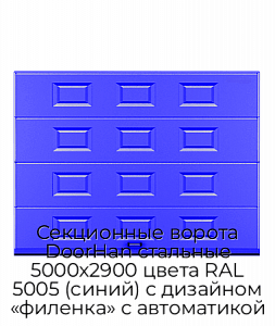 Секционные ворота DoorHan стальные 5000х2900 цвета RAL 5005 (синий) с дизайном «филенка» с автоматикой preview 1