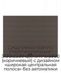 Секционные ворота DoorHan стальные 3100х2500 цвета RAL 3000 (коричневый) с дизайном «широкая центральная полоса» без автоматики preview 1