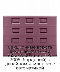 Секционные ворота DoorHan стальные 4600х2300 цвета RAL 3005 (бордовый) с дизайном «филенка» с автоматикой preview 1