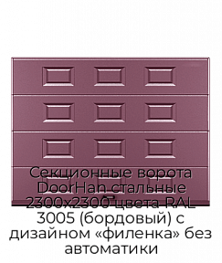 Секционные ворота DoorHan стальные 2300х2300 цвета RAL 3005 (бордовый) с дизайном «филенка» без автоматики