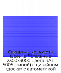 Секционные ворота DoorHan стальные 2300х3000 цвета RAL 5005 (синий) с дизайном «доска» с автоматикой