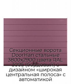 Секционные ворота DoorHan стальные 3800х2900 цвета RAL 3005 (бордовый) с дизайном «широкая центральная полоса» с автоматикой