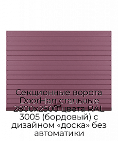 Секционные ворота DoorHan стальные 2800х2500 цвета RAL 3005 (бордовый) с дизайном «доска» без автоматики