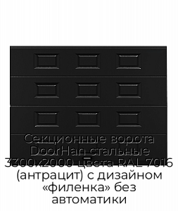 Секционные ворота DoorHan стальные 3300х2000 цвета RAL 7016 (антрацит) с дизайном «филенка» без автоматики preview 1