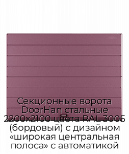 Секционные ворота DoorHan стальные 2200х2100 цвета RAL 3005 (бордовый) с дизайном «широкая центральная полоса» с автоматикой preview 1