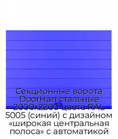 Секционные ворота DoorHan стальные 2000х2200 цвета RAL 5005 (синий) с дизайном «широкая центральная полоса» с автоматикой