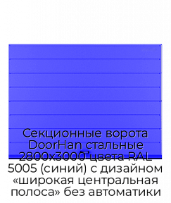 Секционные ворота DoorHan стальные 2800х3000 цвета RAL 5005 (синий) с дизайном «широкая центральная полоса» без автоматики