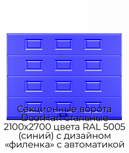 Секционные ворота DoorHan стальные 2100х2700 цвета RAL 5005 (синий) с дизайном «филенка» с автоматикой preview 1