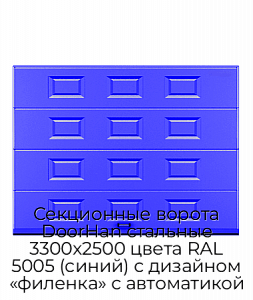 Секционные ворота DoorHan стальные 3300х2500 цвета RAL 5005 (синий) с дизайном «филенка» с автоматикой preview 1