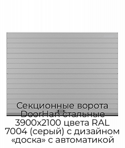 Секционные ворота DoorHan стальные 3900х2100 цвета RAL 7004 (серый) с дизайном «доска» с автоматикой preview 1