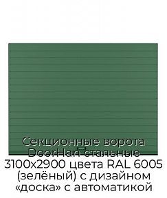 Секционные ворота DoorHan стальные 3100х2900 цвета RAL 6005 (зелёный) с дизайном «доска» с автоматикой