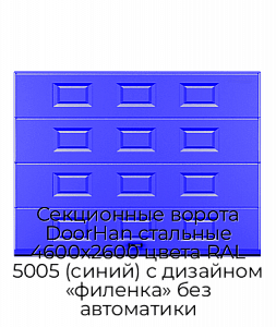 Секционные ворота DoorHan стальные 4600х2600 цвета RAL 5005 (синий) с дизайном «филенка» без автоматики preview 1