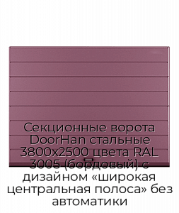 Секционные ворота DoorHan стальные 3800х2500 цвета RAL 3005 (бордовый) с дизайном «широкая центральная полоса» без автоматики preview 1