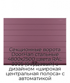 Секционные ворота DoorHan стальные 4800х2500 цвета RAL 3005 (бордовый) с дизайном «широкая центральная полоса» с автоматикой