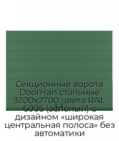 Секционные ворота DoorHan стальные 3200х2700 цвета RAL 6005 (зелёный) с дизайном «широкая центральная полоса» без автоматики
