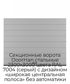 Секционные ворота DoorHan стальные 2300х3000 цвета RAL 7004 (серый) с дизайном «широкая центральная полоса» без автоматики