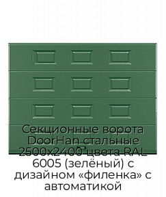Секционные ворота DoorHan стальные 2500х2400 цвета RAL 6005 (зелёный) с дизайном «филенка» с автоматикой