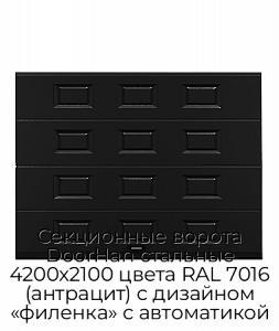 Секционные ворота DoorHan стальные 4200х2100 цвета RAL 7016 (антрацит) с дизайном «филенка» с автоматикой preview 1