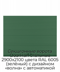 Секционные ворота DoorHan стальные 2900х2100 цвета RAL 6005 (зелёный) с дизайном «волна» с автоматикой preview 1