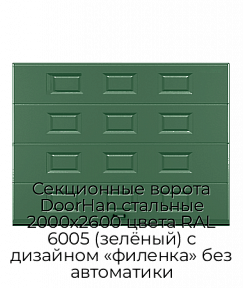 Секционные ворота DoorHan стальные 2000х2600 цвета RAL 6005 (зелёный) с дизайном «филенка» без автоматики