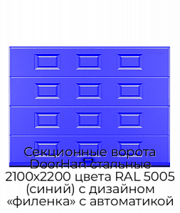 Секционные ворота DoorHan стальные 2100х2200 цвета RAL 5005 (синий) с дизайном «филенка» с автоматикой preview 1