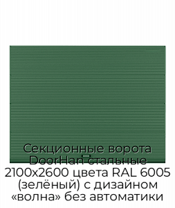 Секционные ворота DoorHan стальные 2100х2600 цвета RAL 6005 (зелёный) с дизайном «волна» без автоматики preview 1