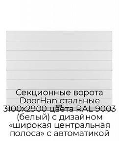 Секционные ворота DoorHan стальные 3100х2900 цвета RAL 9003 (белый) с дизайном «широкая центральная полоса» с автоматикой