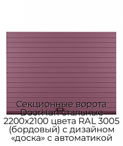 Секционные ворота DoorHan стальные 2200х2100 цвета RAL 3005 (бордовый) с дизайном «доска» с автоматикой