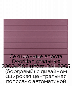 Секционные ворота DoorHan стальные 2000х2100 цвета RAL 3005 (бордовый) с дизайном «широкая центральная полоса» с автоматикой preview 1