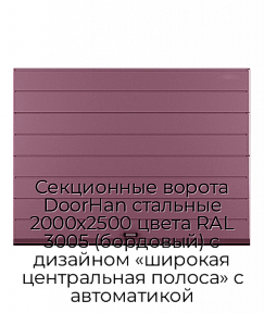 Секционные ворота DoorHan стальные 2000х2500 цвета RAL 3005 (бордовый) с дизайном «широкая центральная полоса» с автоматикой