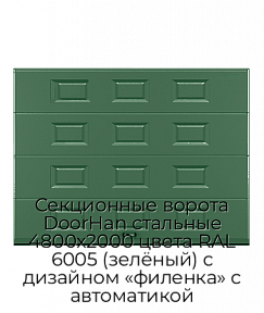 Секционные ворота DoorHan стальные 4800х2000 цвета RAL 6005 (зелёный) с дизайном «филенка» с автоматикой