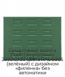 Секционные ворота DoorHan стальные 2500х2100 цвета RAL 6005 (зелёный) с дизайном «филенка» без автоматики preview 1
