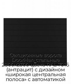Секционные ворота DoorHan стальные 2800х2300 цвета RAL 7016 (антрацит) с дизайном «широкая центральная полоса» с автоматикой