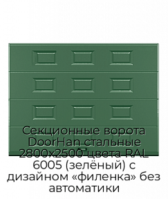 Секционные ворота DoorHan стальные 2800х2500 цвета RAL 6005 (зелёный) с дизайном «филенка» без автоматики
